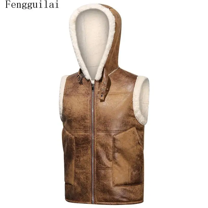 Chaleco de hombre vintage con efecto desgastado, forro de lana sintética, capucha, sin mangas, con cremallera frontal, forrado con sherpa, chaleco informal cálido