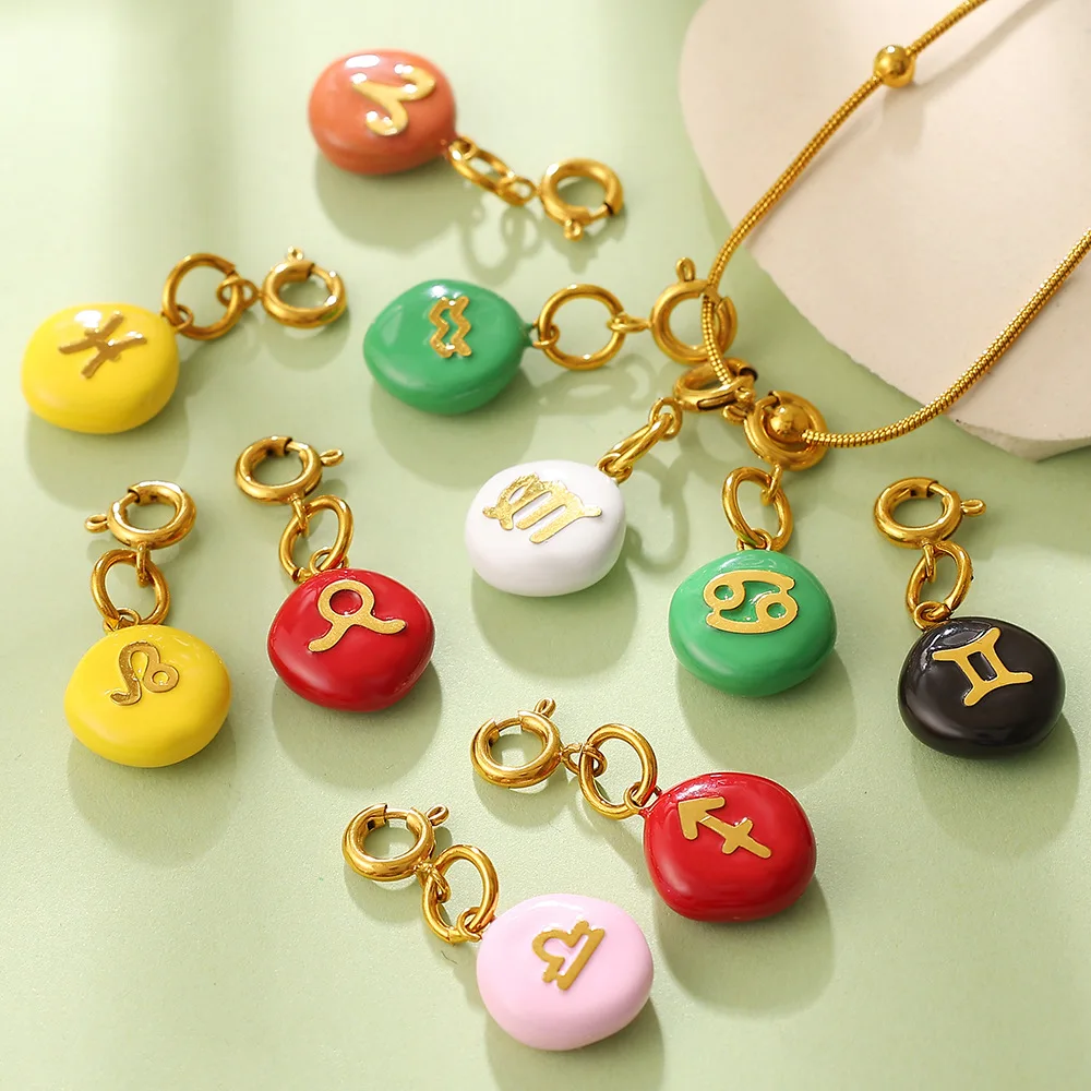 5Pcs Candy Color 12 Constellations Charms Stainless Steel Pendants Dopamine Style DIY Jewelry Accessories