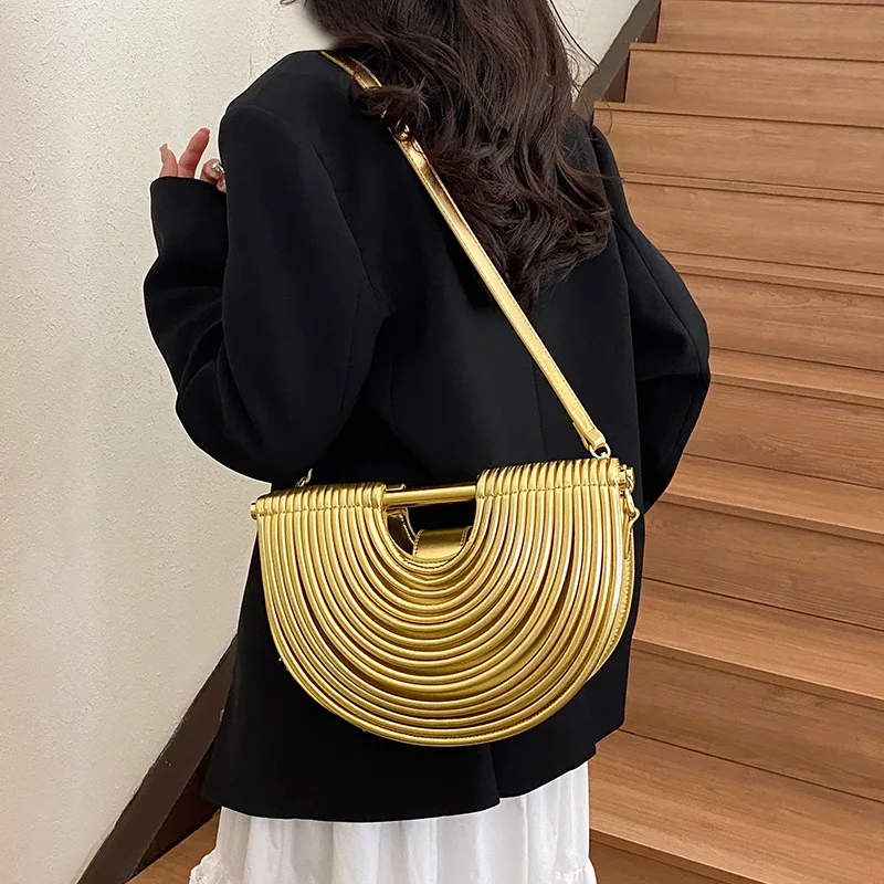 

Handbags for Women 2025 New Gold Luxury Designer Brand Handwoven Noodle Bags Rope Knotted Pulled Half Moon Silver Evening Clutch