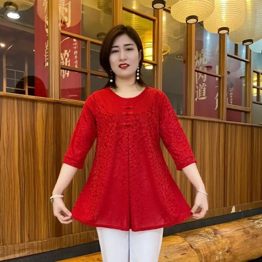 Korean Women Vintage Oversized T-Shirt Summer New 3/4 Sleeve Fashion Elegant Jacquard Pullover Loose Big Size Casual Tops 2023