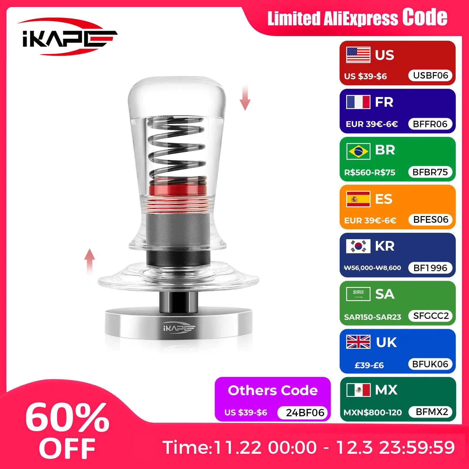 IKAPE Espresso Coffee Tamper, Spring-loaded Calibrated Tamper with Premium Flat Stainless Steel Base, Acrylic Handle Tamper