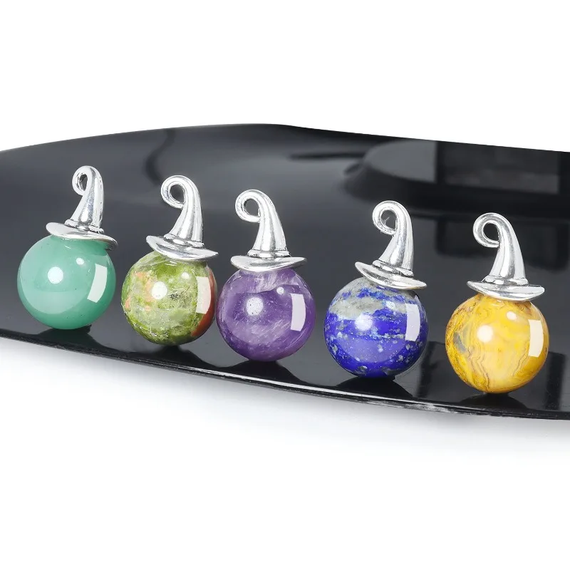 

15pcs Halloween 14mm Crystal Ball Natural Stone Bead with Magic Witch Hat Charm Gothic Boho Mystical Gemstone Pendant Jewelry