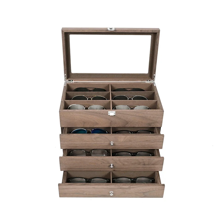 New Wooden 24 Slots Sunglasses Storage Box 4 Layers Eyeglasses Display Organizer with Clear Lid Eyewear Jewelry Storage Case