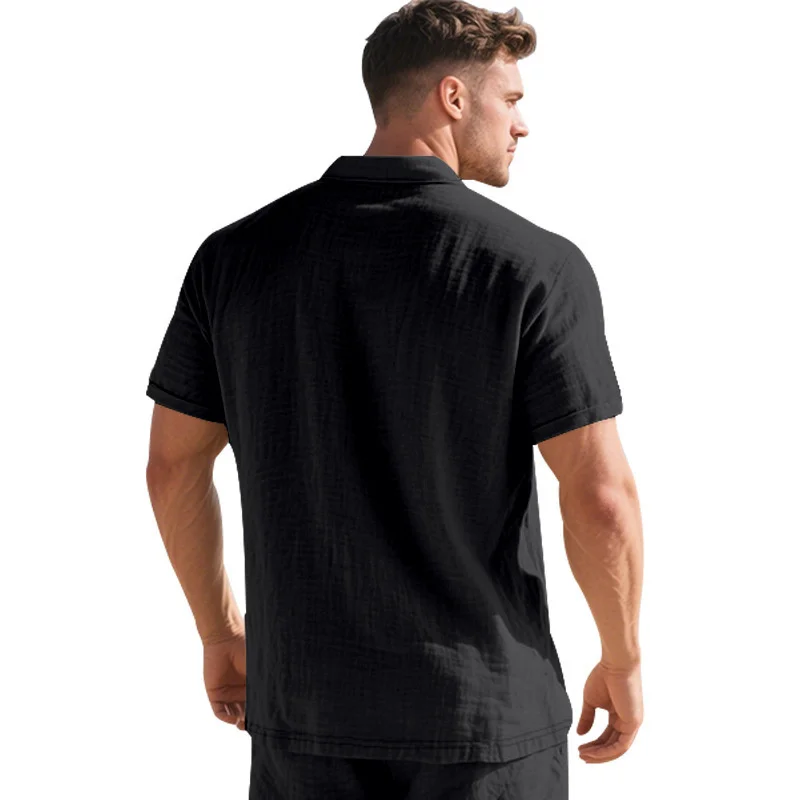 Hochwertiges Leinen-Poloshirt mit kurzen Ärmeln für Herren, lässig, locker, bequem, Sommer-T-Shirt mit Knopfverschluss und Umlegekragen. – Detail 7