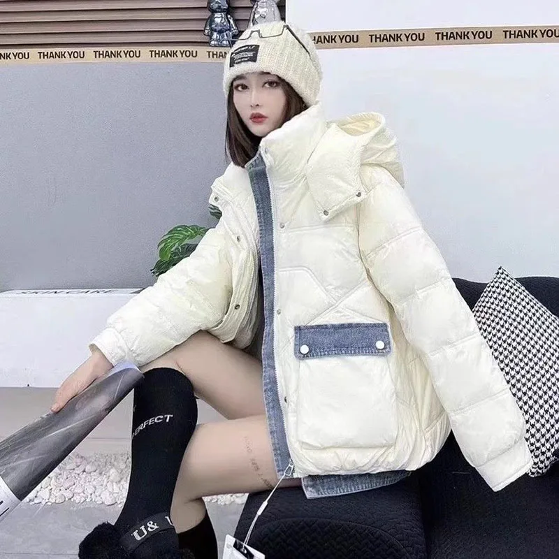 New Women\'s Denim Splicing Down Jacket Autumn Winter Warm Jackets 90% White Duck Down Coat Female Cold Hooded Parker Outerwear