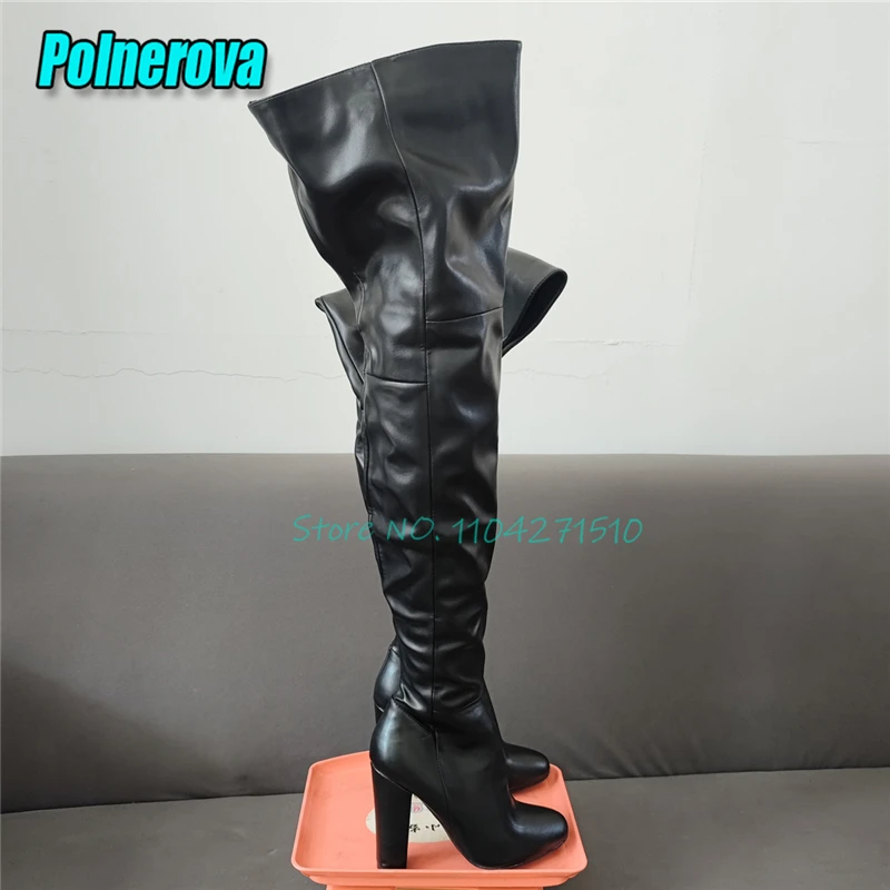 Black Leather Thick High Heels Women's Over The Knee Boots Sexy Pointed Toe Side Zipper Long Boots Runway Shoes Large Size