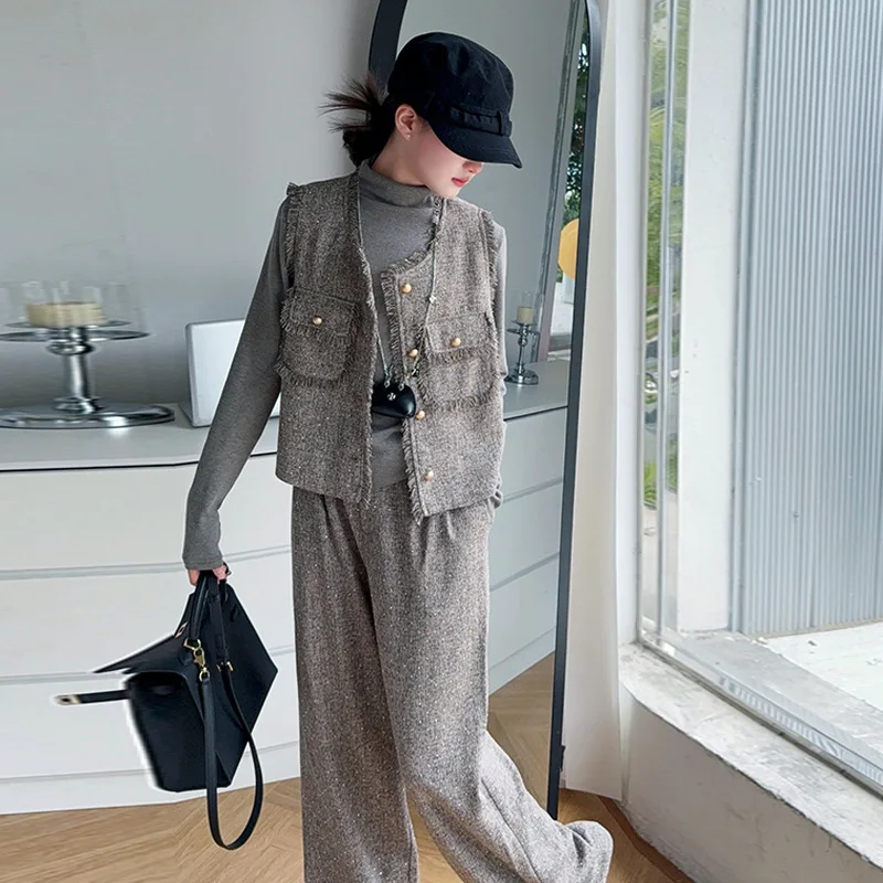 

Осень 2022, детский комплект из 3 предметов для девочек, водолазка, майка + однобортный жилет + прямые брюки, детские комплекты с блестками для девочек