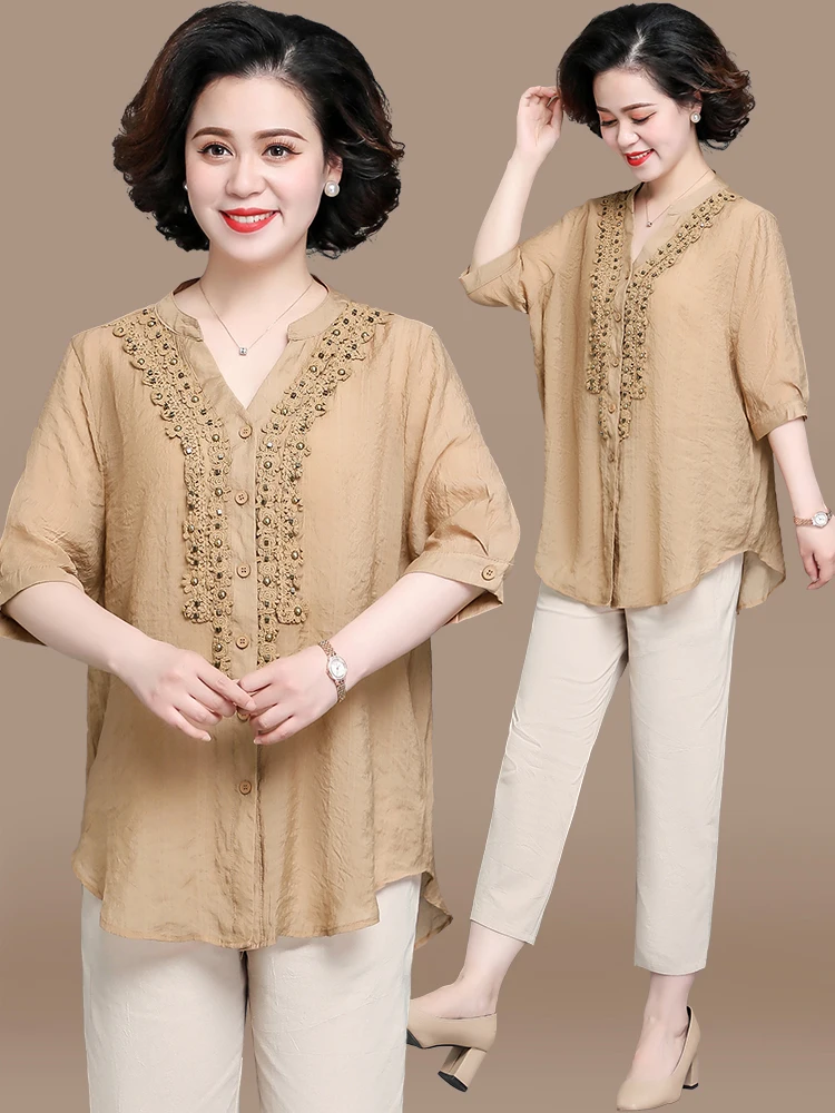 

Fashionable Cotton Linen Short Sleeve Two-Piece Set for Middle-Aged Mothers Summer Clothing Stylish Loose Fit V-Neck Pure Color