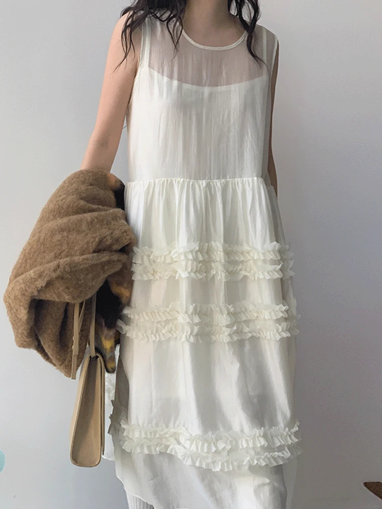 Chique vintage em torno do pescoço sem mangas colete vestido em camadas bolo saia longa primavera moda fena viagem cintur...