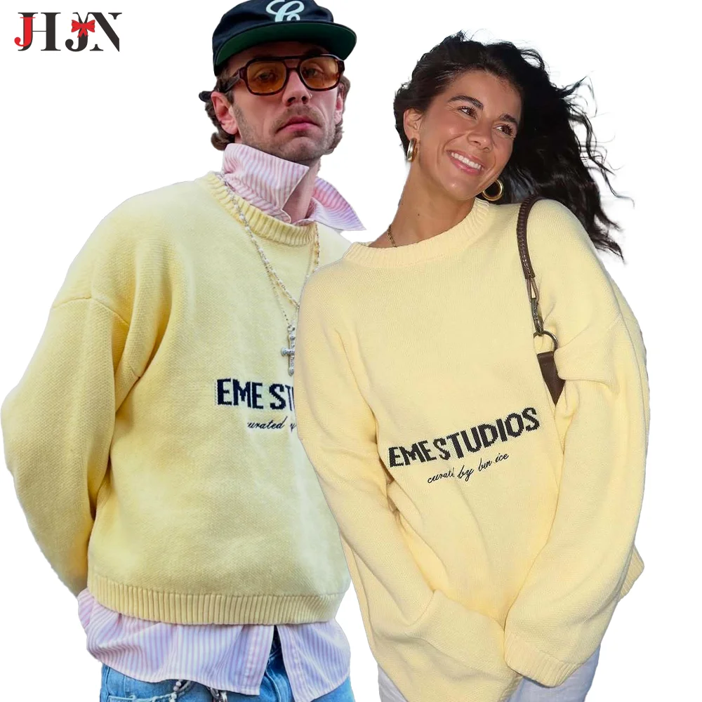 

Couple Letter Yellow Round Neck Loose Pullover Casual Knitted Pleated Short Sweaters Autumn Lady Daily Street Commute Outfits