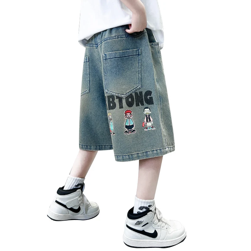 

2025 Fashion Denim Shorts For Boys Teenager Kids Elastic Waist Cartoon Capris Jean Short Pants For Tweens Children's Age 5-14 Y