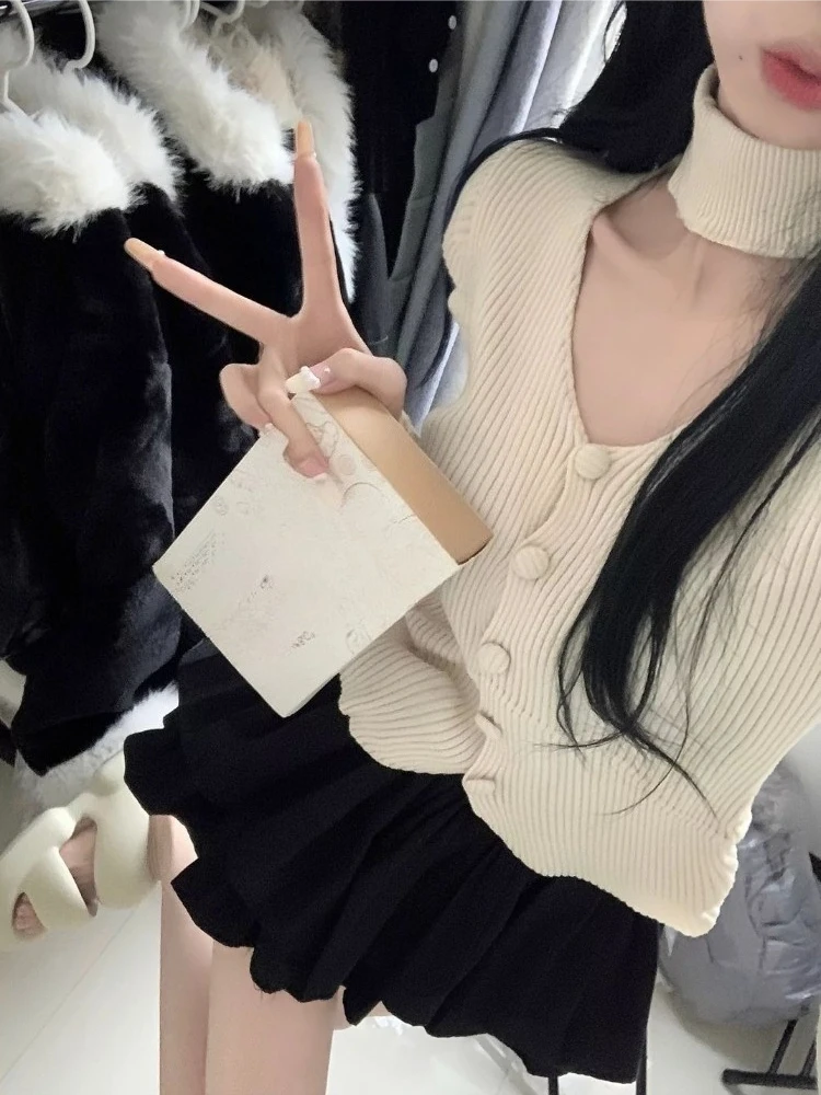 Set due pezzi vintage stile coreano cardigan in maglia con scollo a V + gonna a pieghe torta donna 2025 nuovi abiti moda retrò invernali