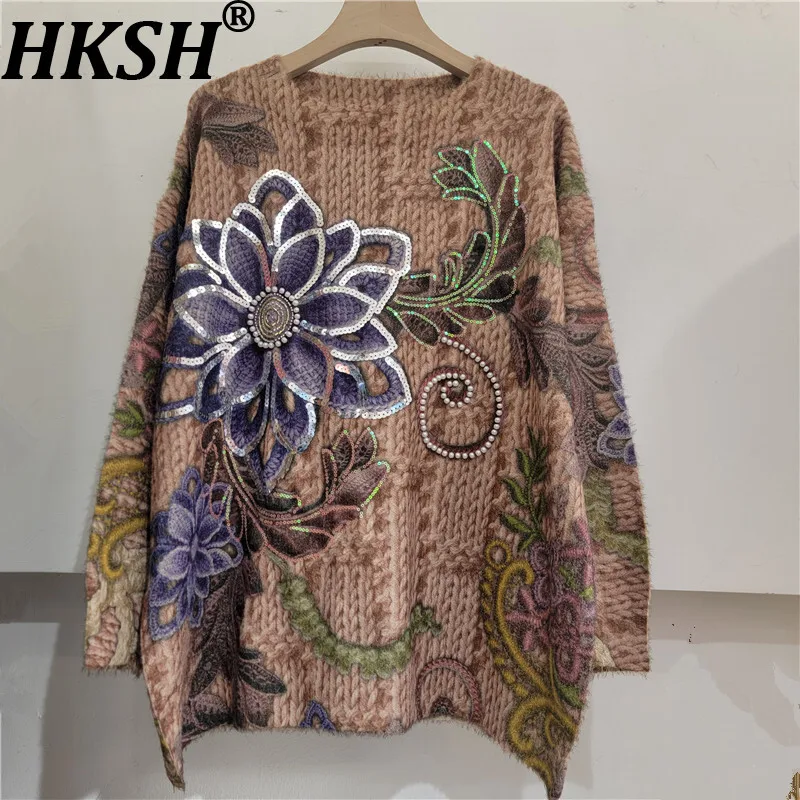 

HKSH Autumn Winter New Women Sweater O-neck Pullover Long Sleeve Printed Beaded Sequins Oversized Tide Chic Knitted Tops HK12496
