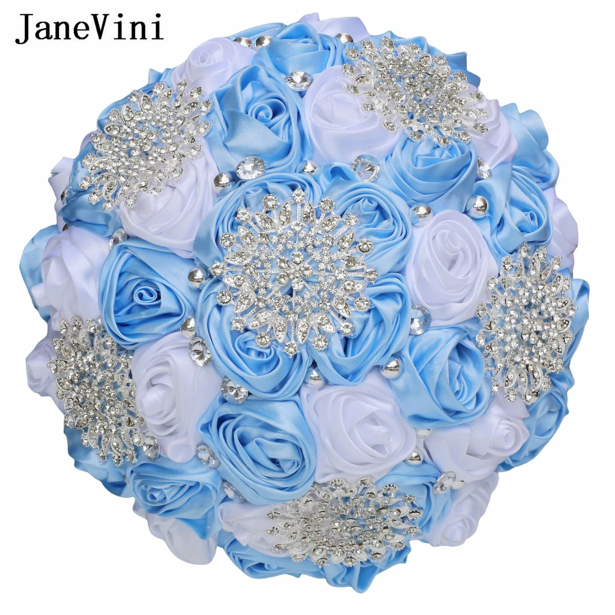 JaneVini-ramo de flores de boda azul claro y blanco brillante, joyería de plata, diamantes de imitación, Accesorios para Novias