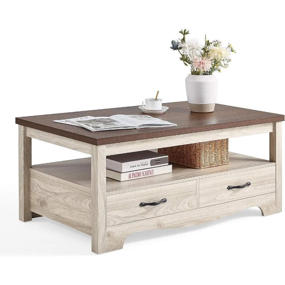 

Farmhouse Coffee Table with Storage, Wood Coffee Table for Living Room, Open Display Area and Storage Drawers