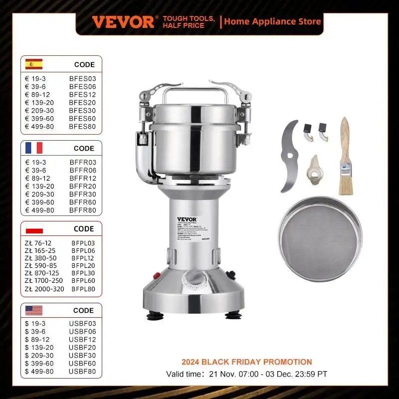 VEVOR 150/300g Electric Straight Type Grain Mill Grinder,Stainless Steel Pulverizer Powder Machine for Grains Cereals Coffee