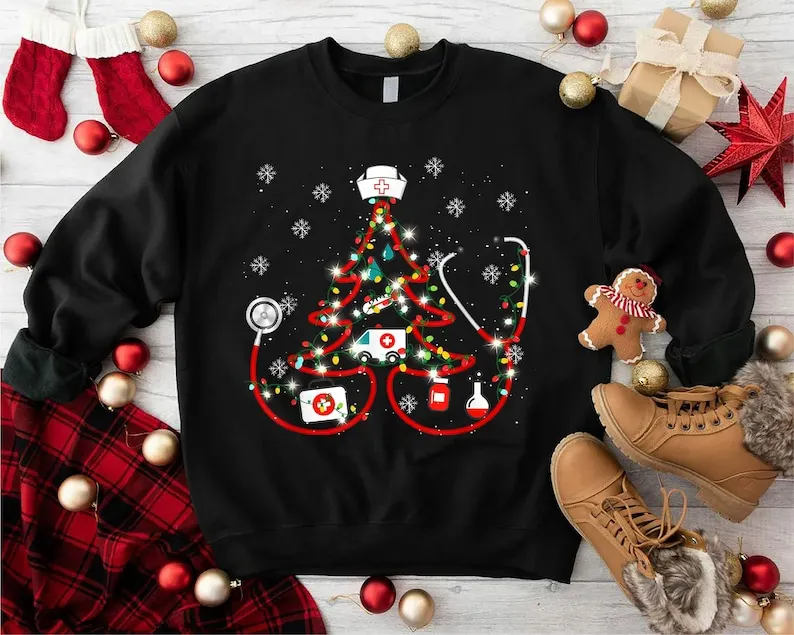 Árvore de natal estetoscópio engraçado médico moletom enfermeira natal moletom presente para trabalhador de saúde harajuku único hoodies