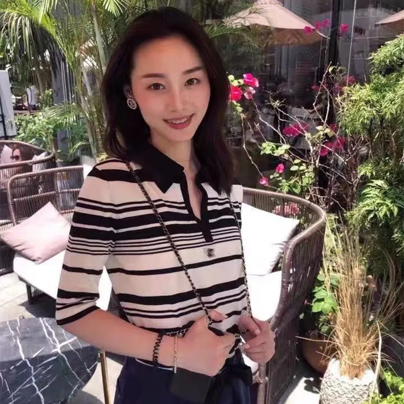 2026 Summer New Women's Short Sleeve Collar Knitted 100% Cotton T-shirt Striped Women's Pullover Short Sleeve Fashion Hot Sale