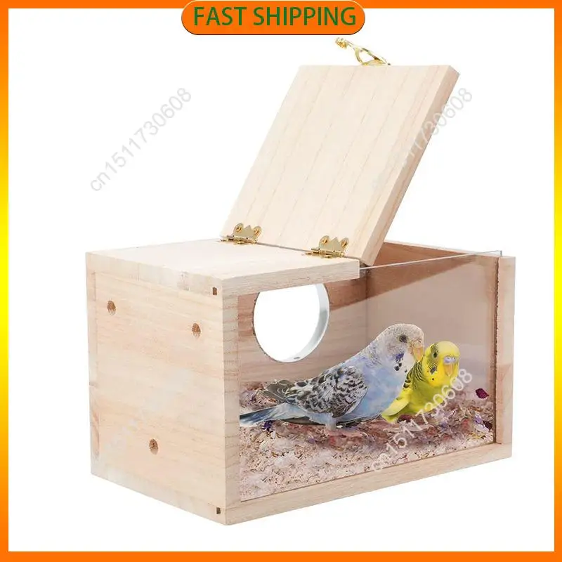 Compre ahora, 1 pieza, caja de anidación para periquitos, jaula transparente para casa de pájaros, caja de cría de madera para loros, periquitos, cacatúas, Lovebirds