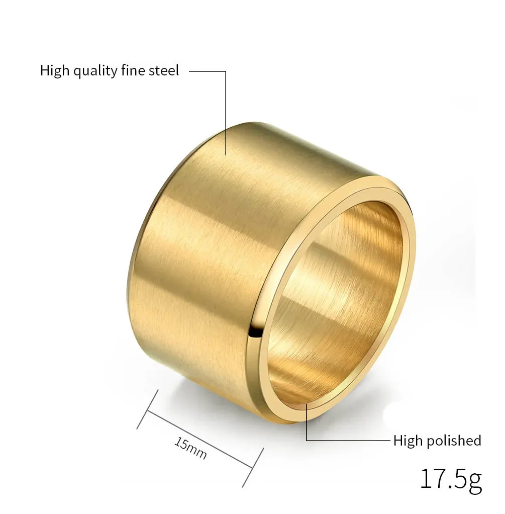 15MM Width Customized Rings Stainless Steel Matte Brushed Fing for Men Boy Hip-Hop Punk Jewelry