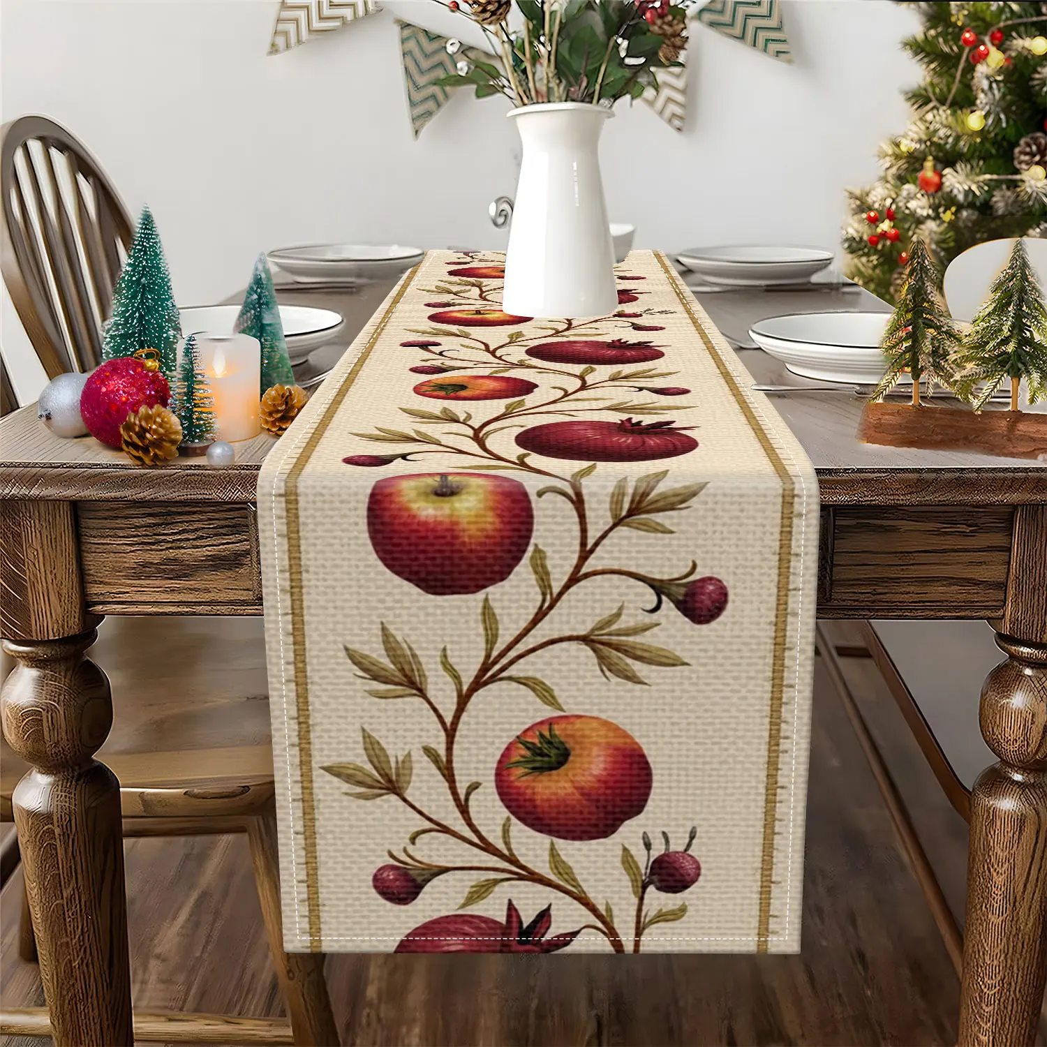 1 Piece of Harvest-Themed Table Runner, Decorated with Pomegranate, Apple, and Berry Patterns, Suitable for Harvest Festival and Pastoral Style Decoration