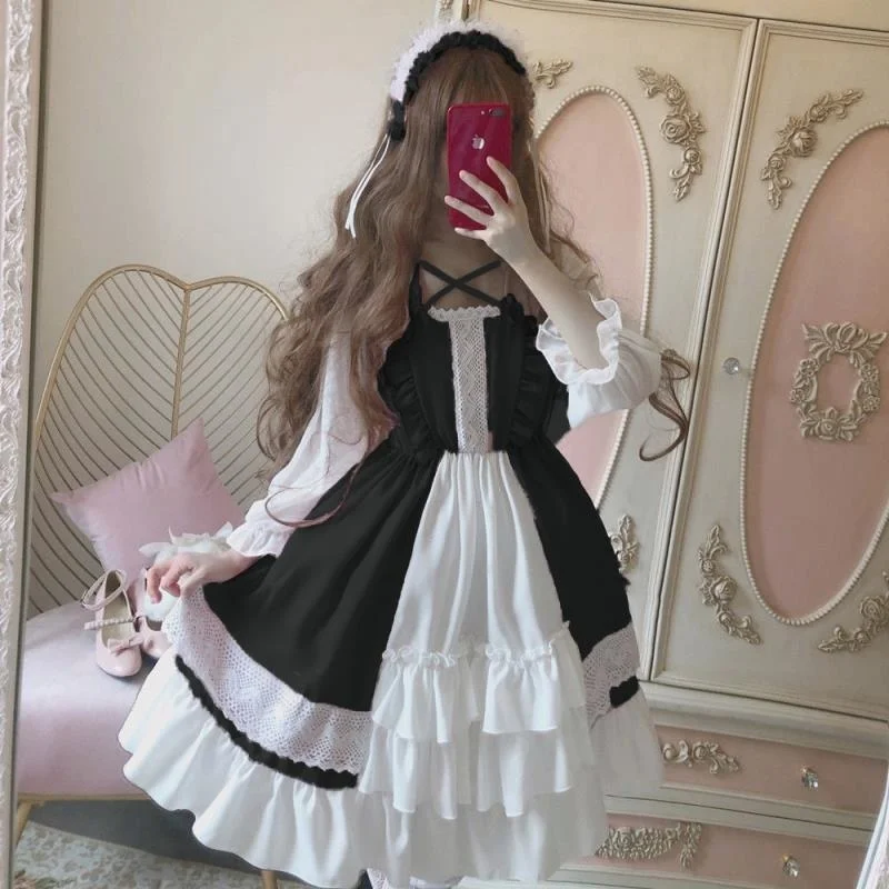 Vestido de Princesa Alicia Lolita OP para mujer, vestido con volantes, adorno de encaje, mangas largas, muñeca japonesa Harajuku, vestido para adolescentes, Vestidos de hadas