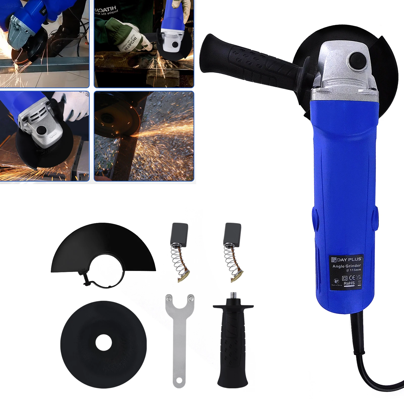 Smerigliatrice angolare elettrica con filo da 2000 W Disco da 115 mm per taglio resistente, con protezione ruota, per metallo, taglio e molatura di piastrelle