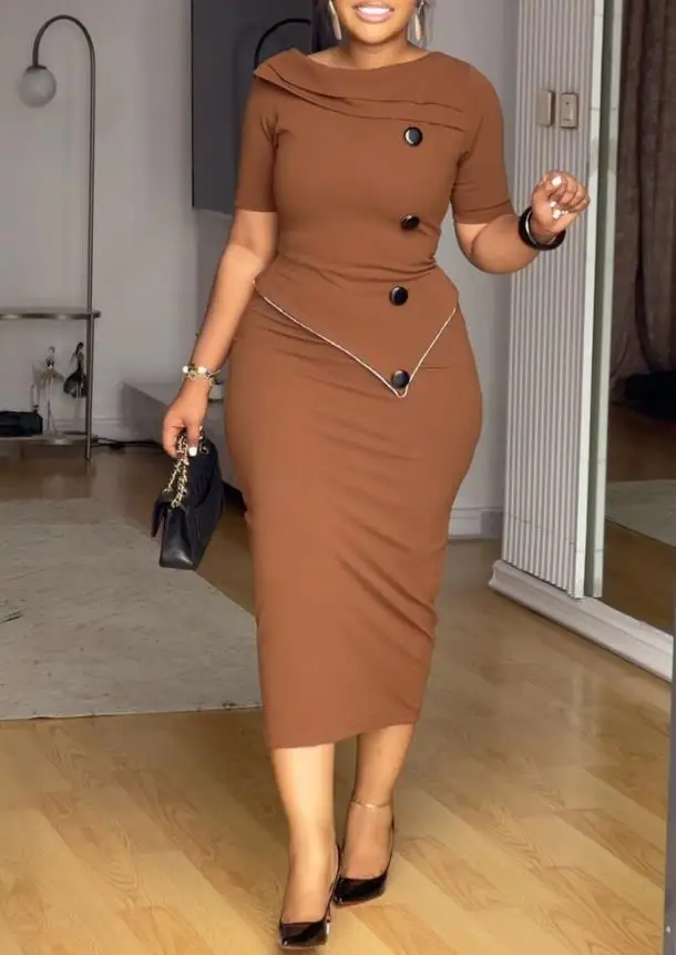 

Single Breasted Decor Asymmetrical Layered Neck Slit Back Faux Two-Piece Dress Zipper Back Contrast Piping Trim Commuting Dress