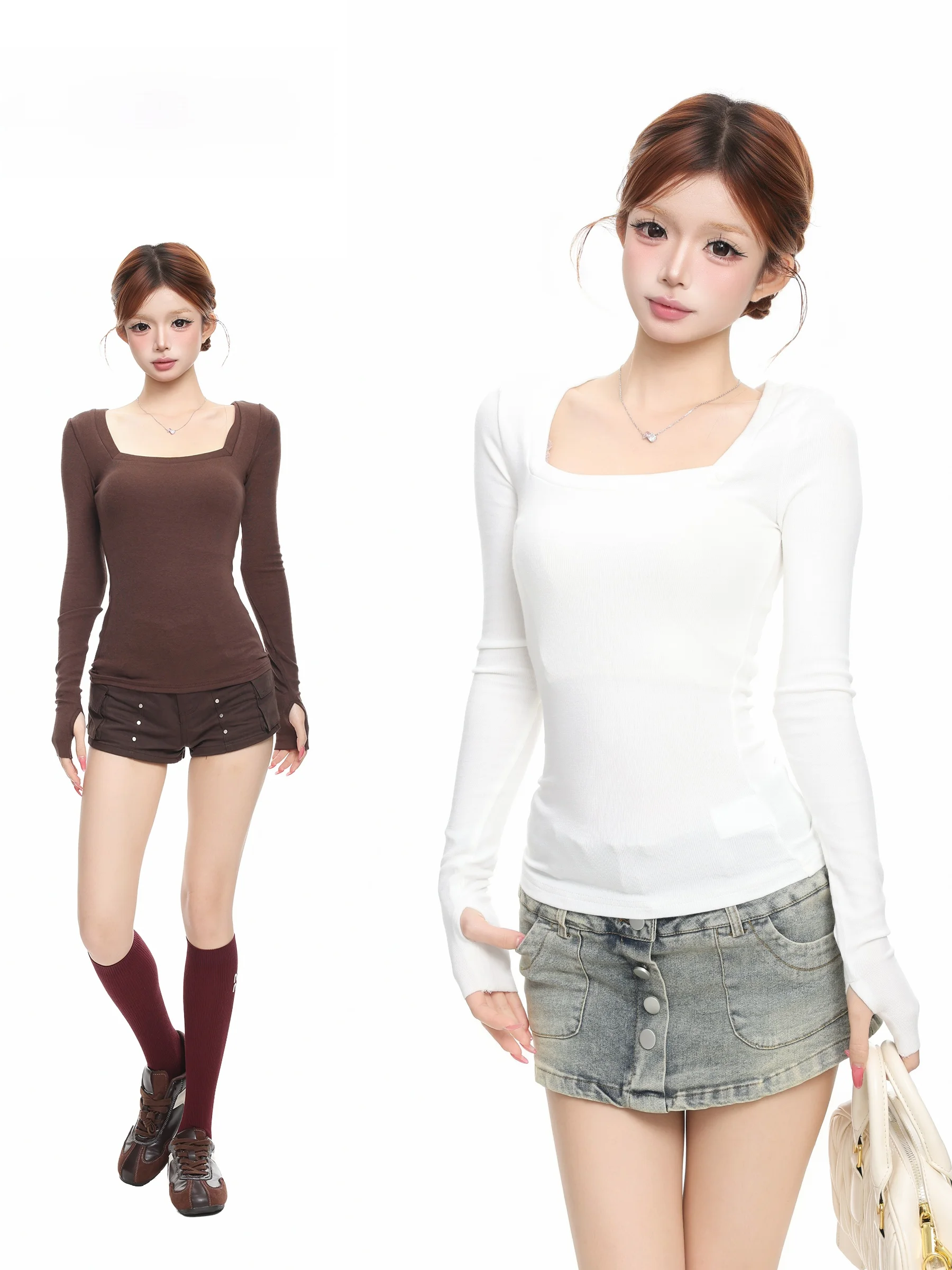 Slim Fit Long Sleeve T-Shirt Women's Style BASTERDS Pure Desire Square Collar Base Layer Top for Autumn Creative Pattern