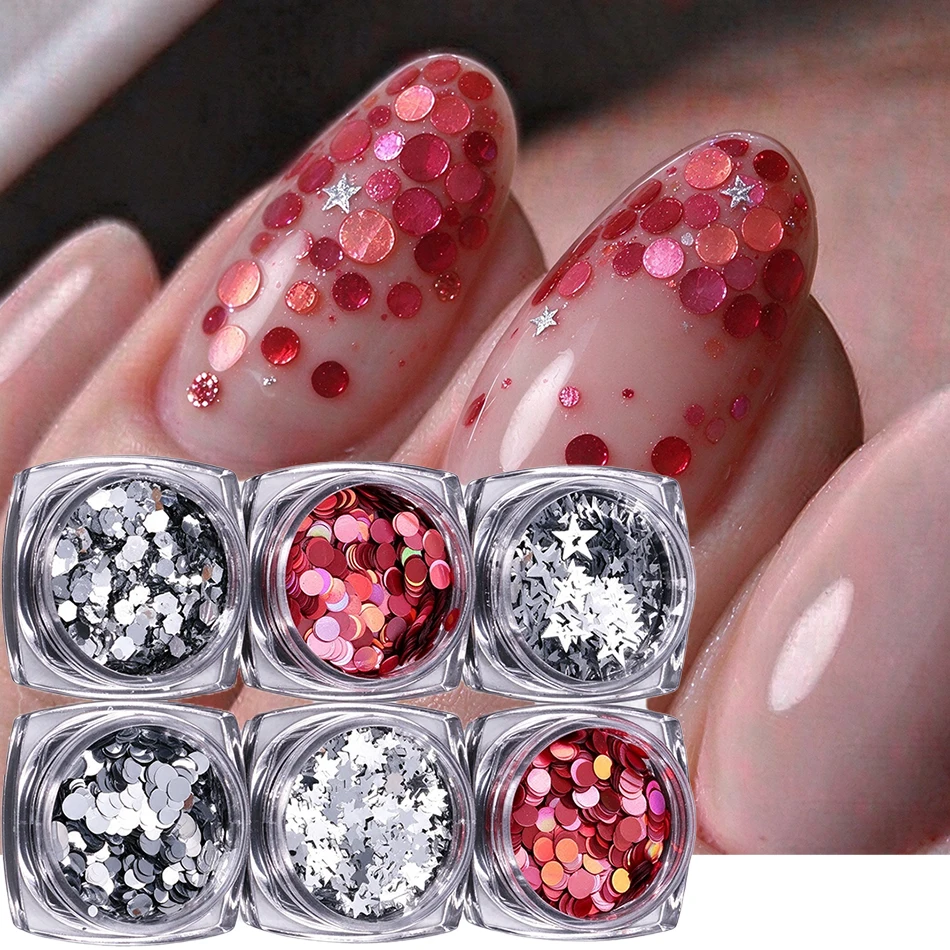 6 Boxes Mixed Nail Glitter Sequins Set Red Silver  Round Hexagon Star Sparkly Nail Glitter Flakes DIY Manicure Decor Accessories