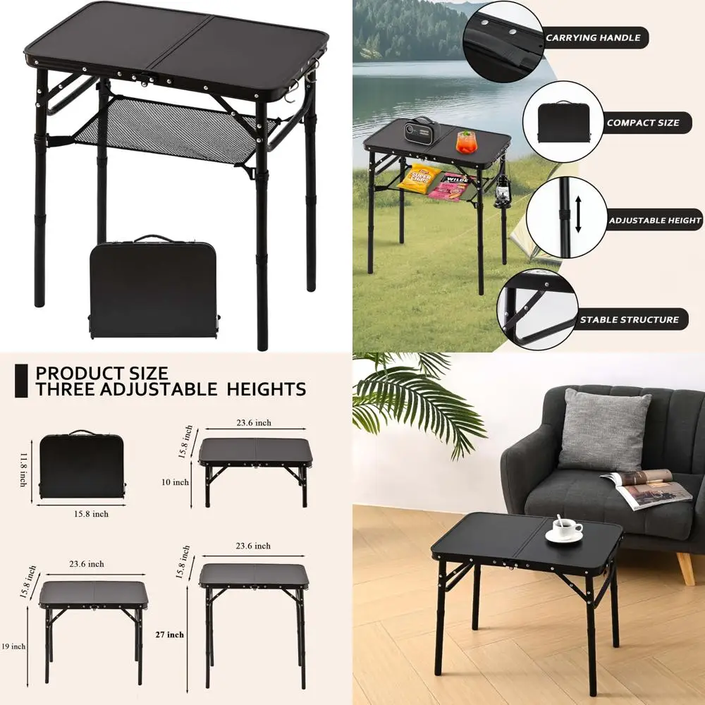

folding picnic table with storage net, matte black aluminum folding table 23.6" x 15.8", adjustable height max 27", lightweight