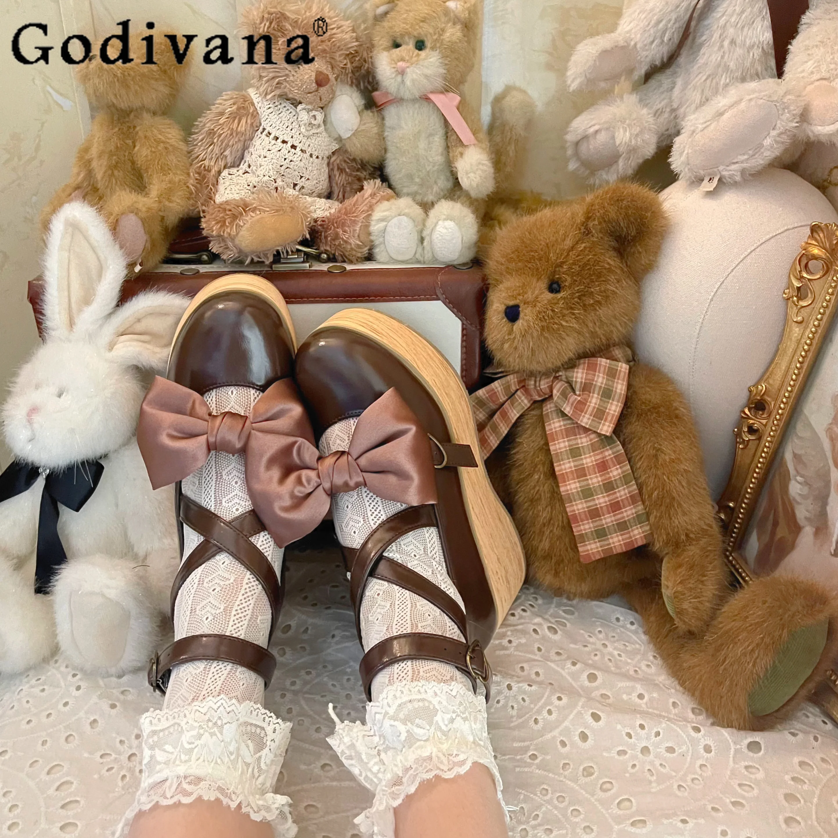 

Japanese Original Lolita Retro Elegant Lady Thick-Soled Platform Shoes Bow Round-Toe JK Uniform Doll Style Mary Jane Shoes