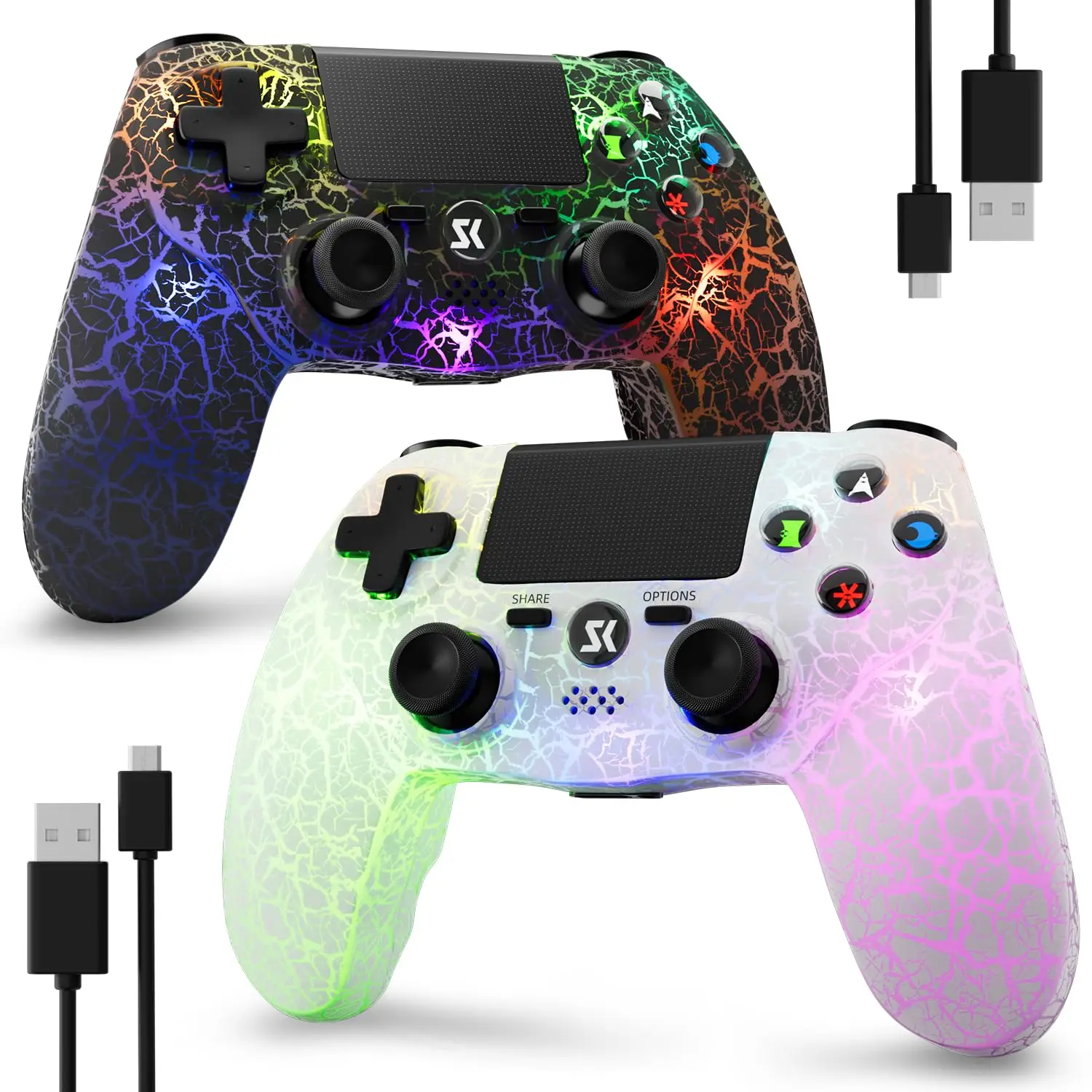

Комплект из 2 беспроводных контроллеров для PS4/ПК/PS3, регулируемая RGB-подсветка, двойная вибрация - белый и черный