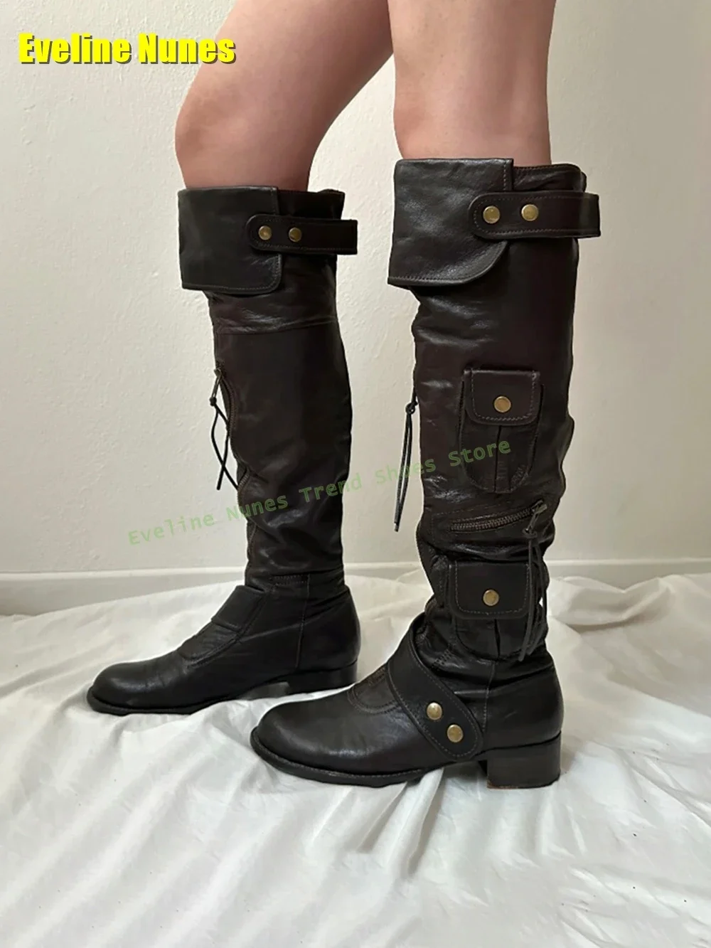 Pocket Belt Buckle Fringe Boots Round Toe Chunky Heels Retro Front Zipper Patchwork Women Knee High Boots 2025 sexy Knight Boots