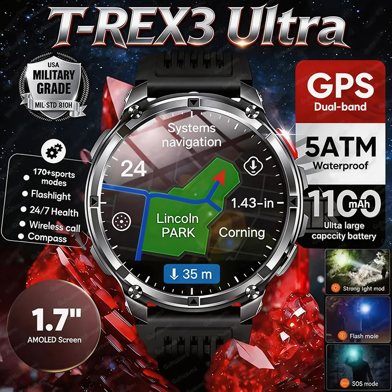 

New 1100mAh Ultra Big Battery Smart Watch Men Outdoor GPS Compass Sports Clock 5ATM Waterproof Bluetooth Call AMOLED HD Watches