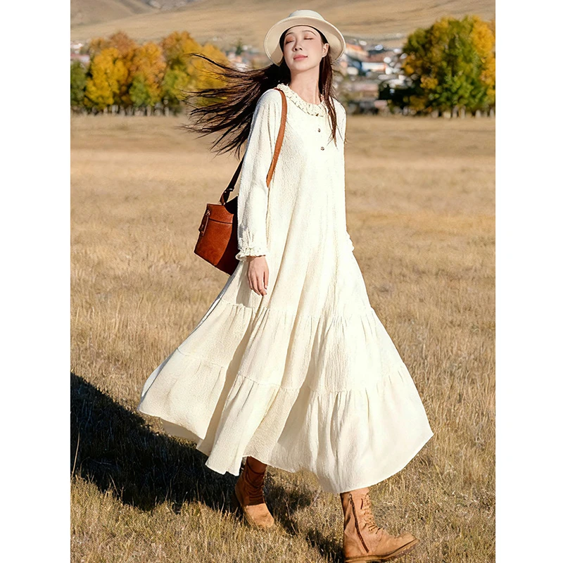 Spring 2026 New Arrival Women Casual Loose A-line Wrist Folds Patchwork O-neck Mid-calf Dress Arts Style Knitting Dresses T203