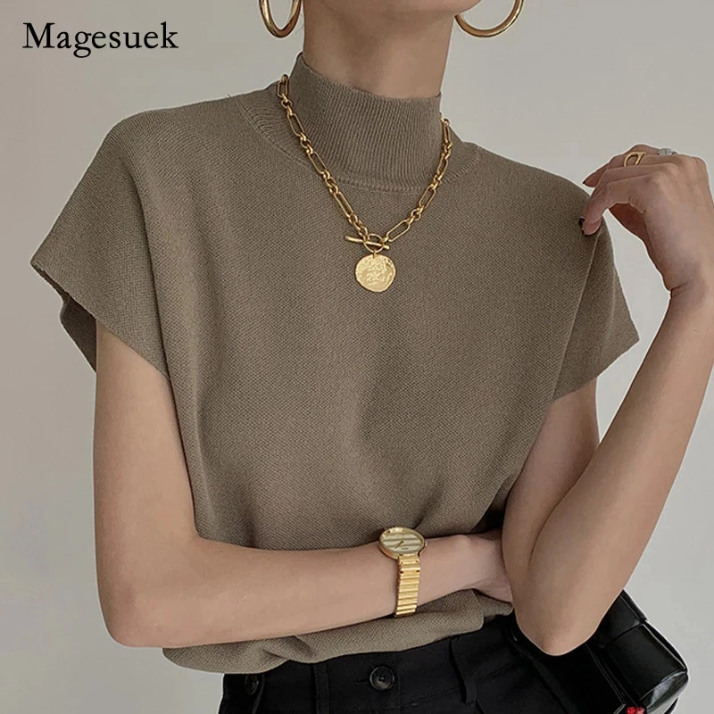 Solid Stand-up Collar Knitted Sweater Fashion Vest Shirt Short Sleeve Office Lady Loose Elegant All-Match Straight Tops 20397