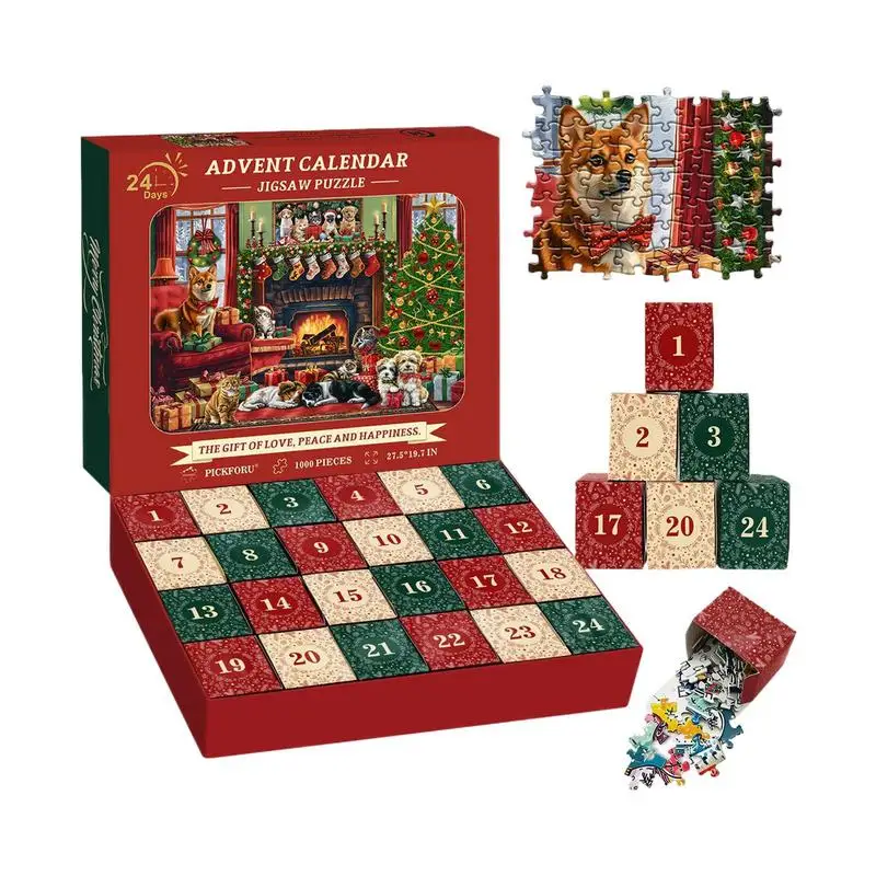 Christmas Puzzle Advent Calendar 1000 Pieces Dog Jigsaw Puzzles 24 Days of Christmas Countdown Calendar Puzzle Xmas Gift Box