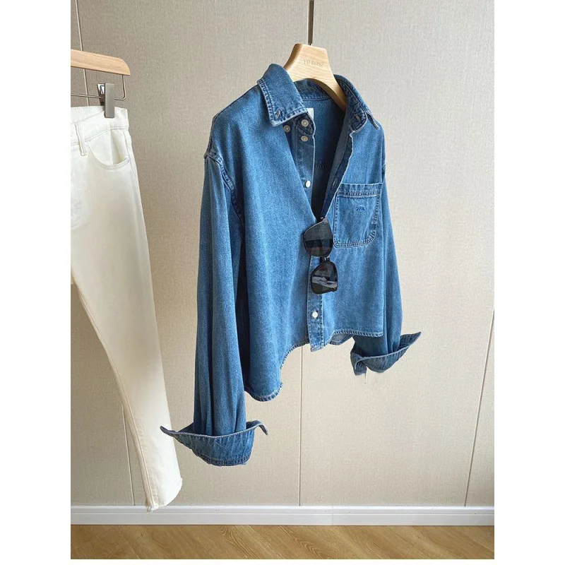 Women Denim Shirt Short Top Washed Single Breasted Turn Down Collar Y2k Pockets Streetwear Work 2025 Autumn Vintage Overshirt