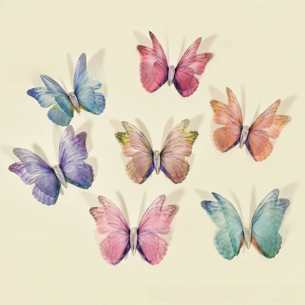 50Pcs 3D Organza Fabric Butterfly Appliques Double-layer Colorful Chiffon Tulle Butterfly Patches Translucent