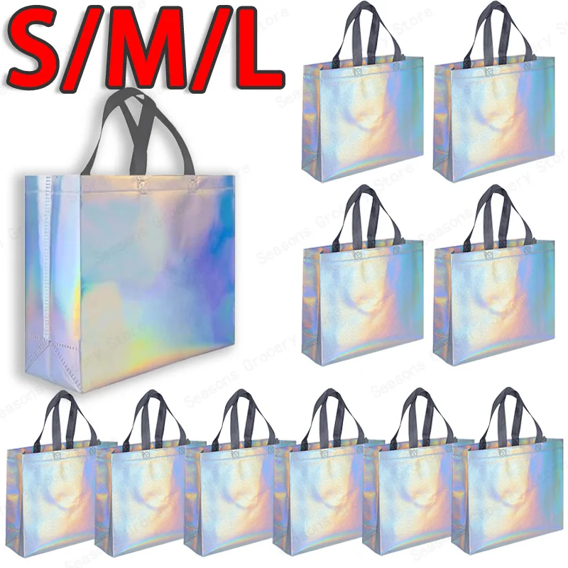 Bolsa de mano láser plateada reutilizable, bolsa de compras de regalo no tejida duradera para boda, dama de honor, fiesta, cumpleaños, respetuosa con el medio ambiente, 10 Uds.