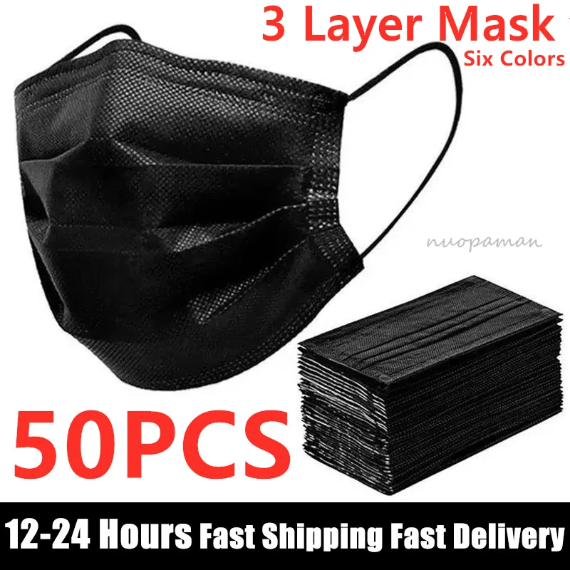 Fast Ship 50pcs Mask Disposable Face Mask Black Nonwove 3 Layer Mouth Mask Filter Anti Dust Breathable Protective Adult Masks