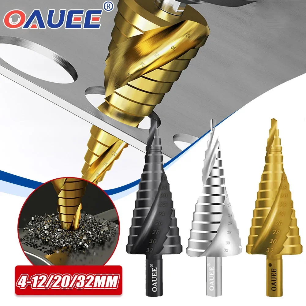 Oauee HSS Spiral Grooved Titanium Coated Step Drill Bit High Speed Steel Metal Wood Hole Cutter Cone Drilling Tool 4-12mm 4-20mm