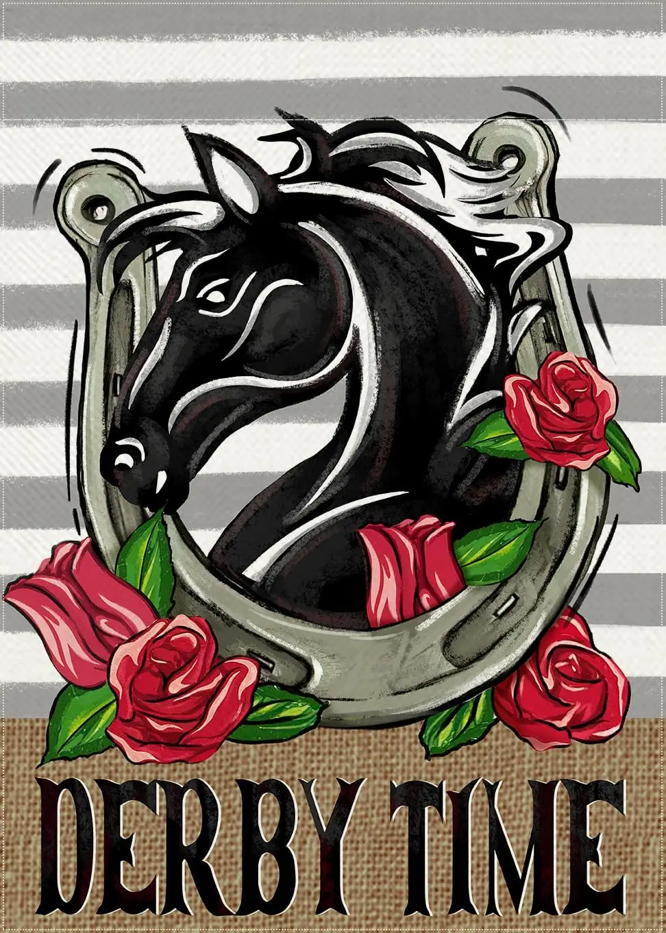 Derby Time Horse Racing Decorative Garden Flag, Kentucky Derby Race Sport Rose Flower Horseshoe Yard Outside Decorations, Grey S