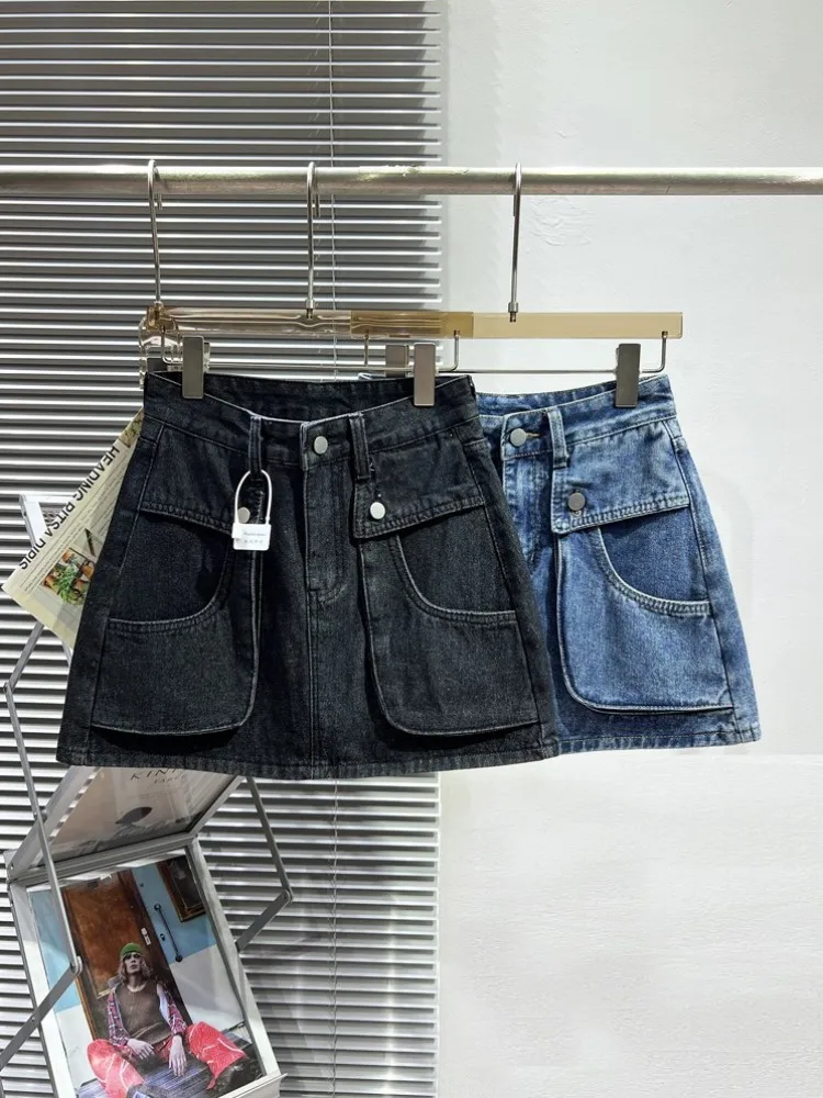 High Street Vrouwen Cargo Denim Rok Hoge Taille Grote Zak Lente Zomer A-Lijn Rokken Effen Kleur Vintage Vrouwelijke Casual Rokken