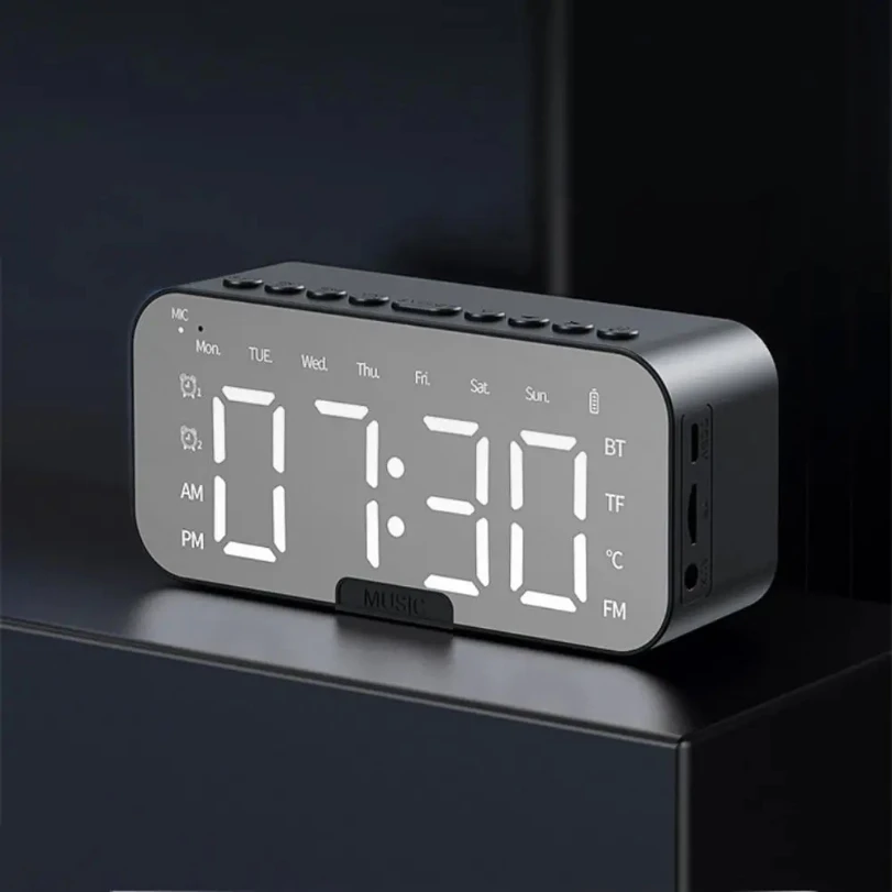 

5-in-1 FM Radio Alarm Clock LED Digital Display Sleep Timer Small Digital Clock with Mirror Speaker Digital Table Calendar