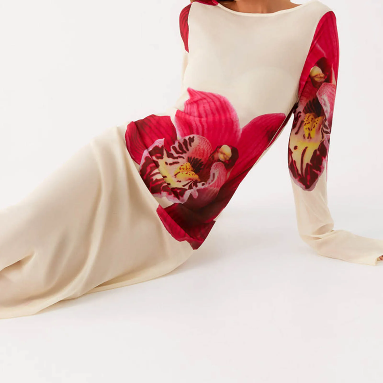 Women Summer Y2K Aesthetic Floral Print Boat Neck Long Sleeve Slim Fit Sheer Mesh Layered Straight Beach Long Dress