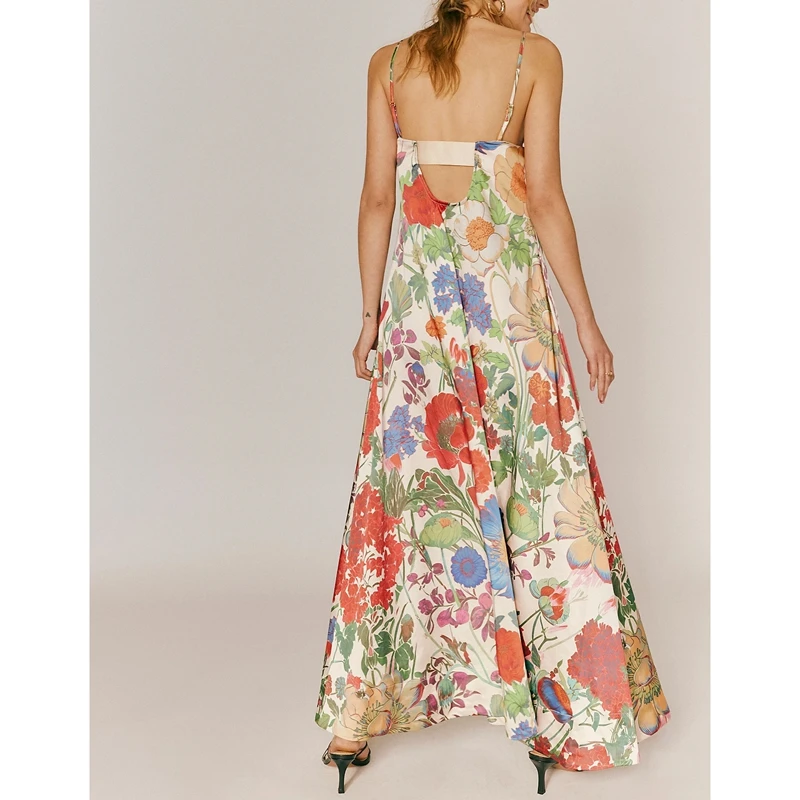 Combhasaki Donna Estate Boho Senza maniche Spalline regolabili Ritaglio posteriore Stampa floreale Abito lungo a trapezio fluido e setoso
