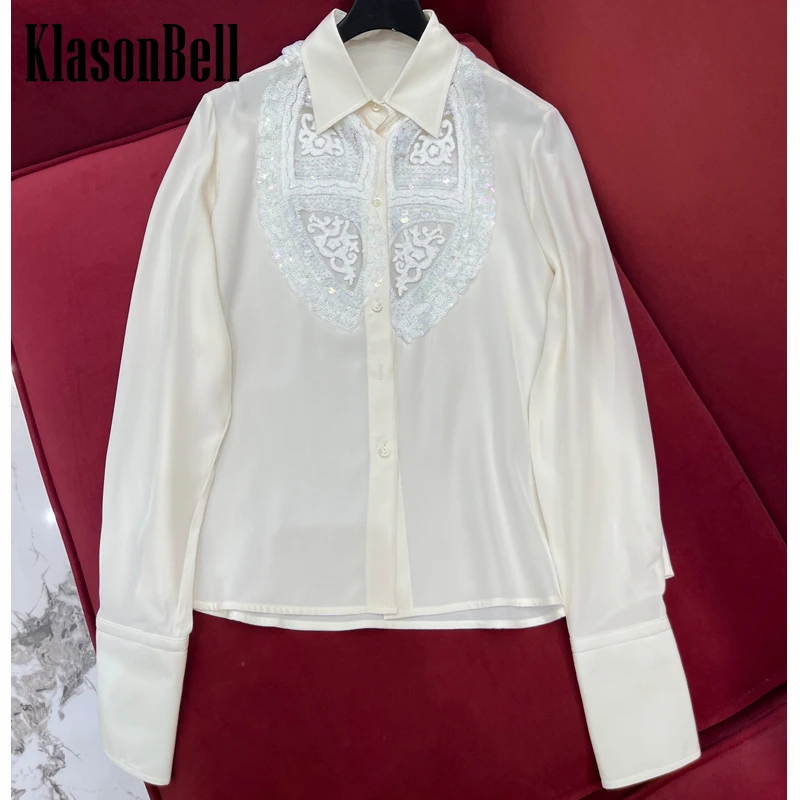 

4.6 KlasonBell Temperament Noble Silk Blouse Women Sequins Embroidery Hollow Out Mesh Spliced Lapel Collar White Shirt