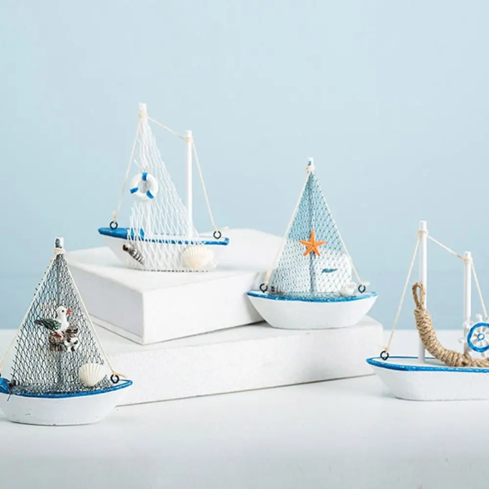 Mediterranean Style Sailing Boat Model Handmade Wooden Wooden Ship Ornament Miniature Size Fishing Net Accent